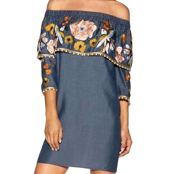 Boston Proper Blue Chambray Embroidered Beaded Ruffle Mini Dress - Picture 9 of 9